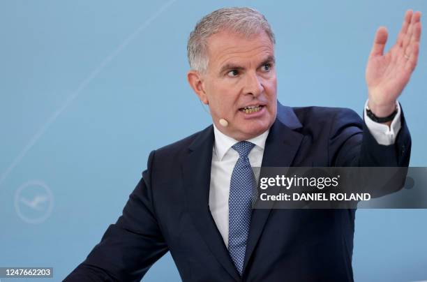 Carsten Spohr, CEO of German airline Lufthansa, presents his company's results in Frankfurt am Main, western Germany, on March 3, 2023. - Lufthansa...