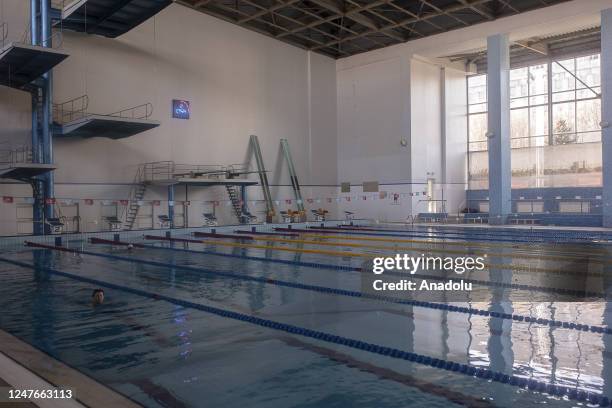 General view of the Dnipro swimming pool, which is always open as it is used as a shelter by citizens during air raid warnings as Russian-Ukrainian...