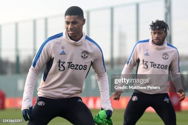 Marcus Rashford of Manchester United in action during a Manchester United first team training session at Carrington Training Ground on March 2, 2023...