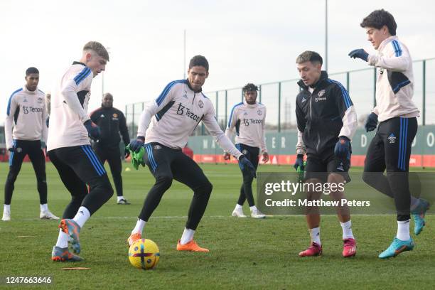 Raphael Varane of Manchester United in action during a Manchester United first team training session at Carrington Training Ground on March 2, 2023...