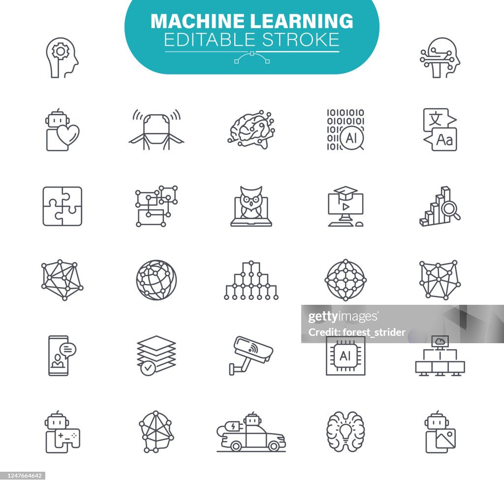 Machine Learning Icons. Set enthält Symbole wie Network AI, Data Center, Cloud Computing, Illustration