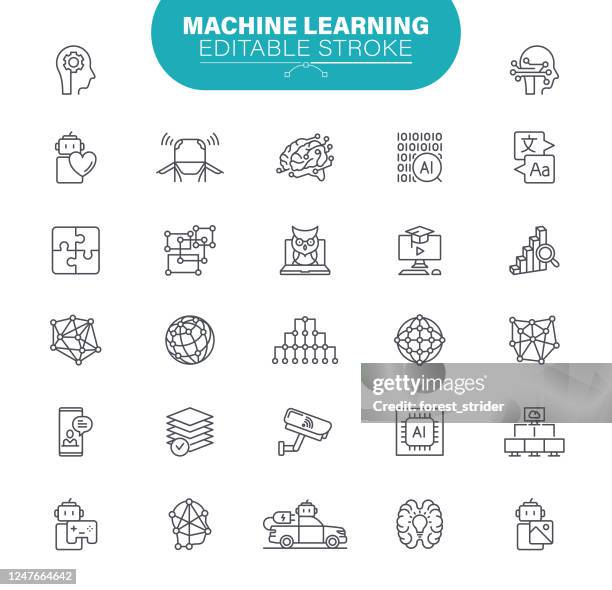 machine learning icons. set contains icons as network ai, data center, cloud computing, illustration - learning computer programming stock illustrations