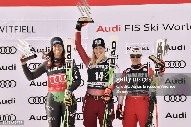 Elena Curtoni of Team Italy, Cornelia Huetter of team Austria, Lara Gut-behrami of Team Switzerland during the Audi FIS Alpine Ski World Cup Women's...