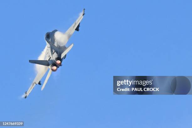 Royal Australian Air Force F-18 jet fighter performs an aerial display during the Australian International Airshow Aerospace and Defence Expo at...