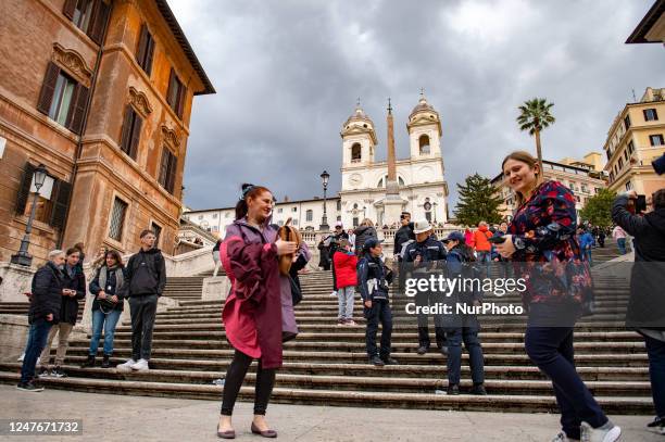 Controls by the Municipal Police of the City of Rome, on the steps of trinita dei monti in Rome on 2 March 2023. The municipal police, manning the...