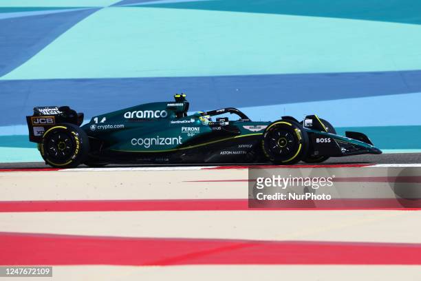 Fernando Alonso of Aston Martin Aramco during the first practice ahead of the Formula 1 Bahrain Grand Prix at Bahrain International Circuit in...