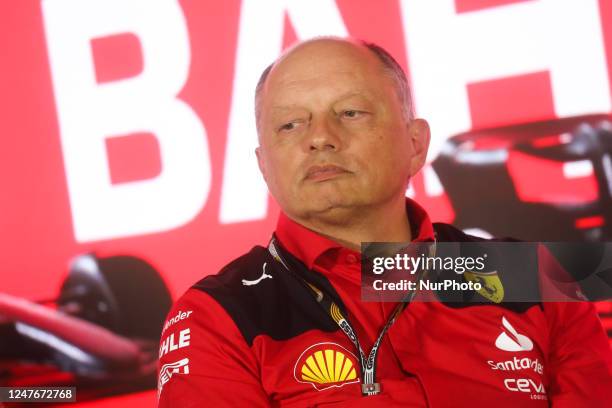 Christian Horner and Frederic Vasseur during the press conference ahead of the Formula 1 Bahrain Grand Prix at Bahrain International Circuit in...