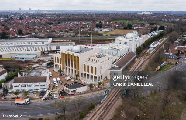 An aerial view of the Baitul Futuh Mosque in Morden, south west London on March 3 ahead its re-opening. - The Mosque, one of Europe's largest, is set...