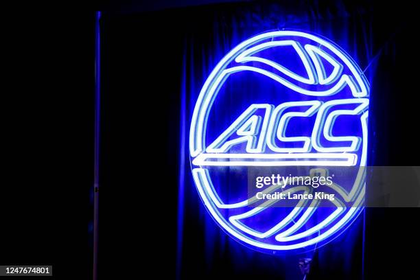 View of the ACC logo ahead of the quarterfinals of the ACC Women's Basketball Tournament at Greensboro Coliseum Complex on March 3, 2023 in...