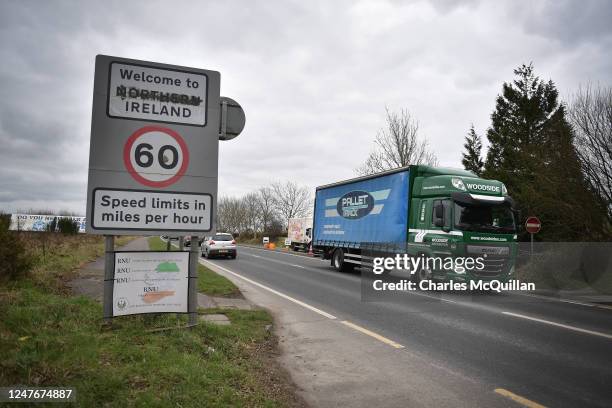 General view of the Welcome to Northern Ireland sign on the border between the United Kingdom and the Republic of Ireland can be seen on March 3,...