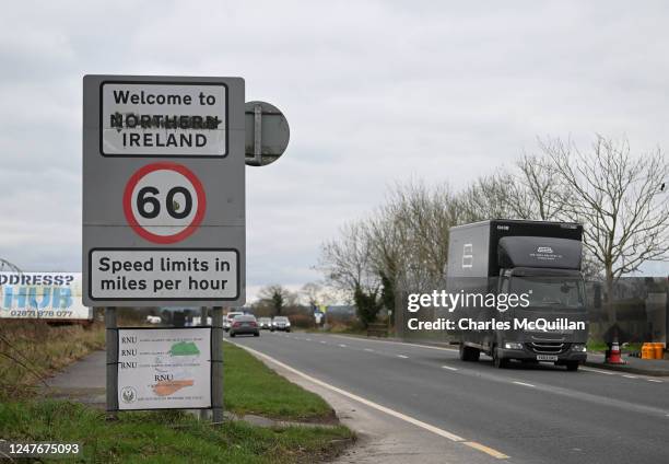 General view of the Welcome to Northern Ireland sign on the border between the United Kingdom and the Republic of Ireland can be seen on March 3,...