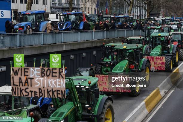 Farmers from Belgium's northern region of Flanders block roads with tractors during a protest against the regional government's nitrogen emissions...