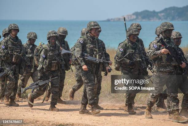 South Korean marines participate in an amphibious assault exercise as part of the Cobra Gold 2023 joint military exercise at the military base in...