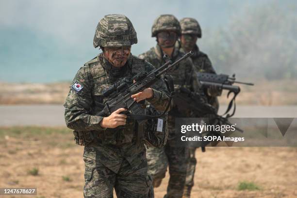 South Korean marines participate in an amphibious assault exercise as part of the Cobra Gold 2023 joint military exercise at the military base in...