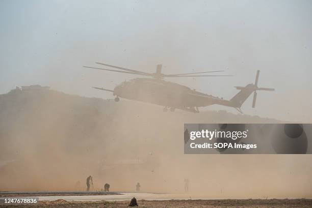 Marine Helicopter provides support during an amphibious assault exercise as part of the Cobra Gold 2023 joint military exercise at the military base...