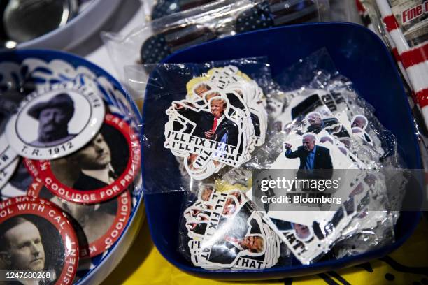 Stickers supporting former US President Donald Trump and criticizing US President Joe Biden for sale during the Conservative Political Action...