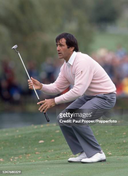 Seve Ballesteros of Team Europe looks on in anticipation after a putt during the afternoon four-balls match against Tom Watson and Mark O'Meara of...