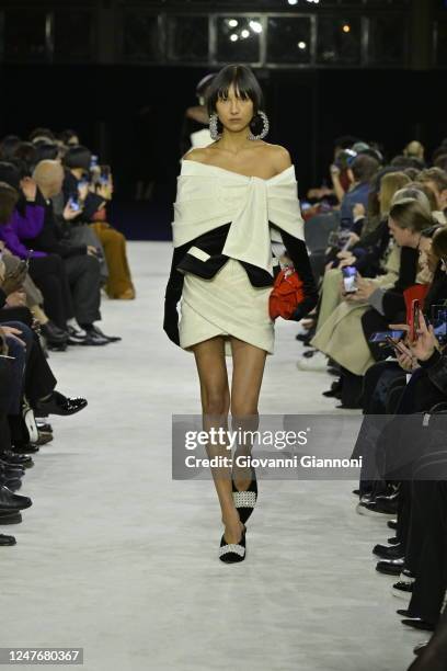 Model on the runway at Balmain Fall 2023 Ready To Wear Fashion Show on March 1, 2023 at Carreau de Temple in Paris, France.