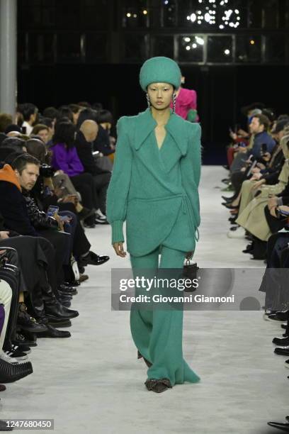 Model on the runway at Balmain Fall 2023 Ready To Wear Fashion Show on March 1, 2023 at Carreau de Temple in Paris, France.