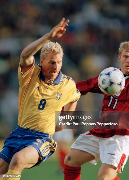 Johan Mjallby of Sweden in action during the UEFA Euro 2000 qualification match between Sweden and England at the Rasunda Stadium on September 5,...