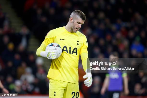 Fraser Forster, goalkeeper of Tottenham Hotspur looks dejected during the Emirates FA Cup Fifth Round match between Sheffield United and Tottenham...