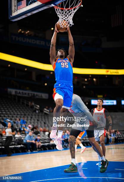 Adam Mokoka of the Oklahoma City Blue dunks the ball during a game against the Rio Grande Valley Vipers on March 03, 2023 at the Paycom Center in...