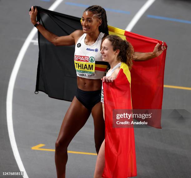 Nafissatou Thiam of Belgium celebrates after breaking the world record and winning the golden medal in the European Athletics Indoor Championships...