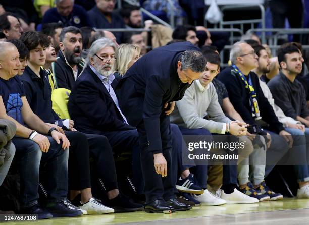 President of Fenerbahce, Ali Koc takes a foreign object from the floor during Turkish Airlines EuroLeague week 26 basketball match between Fenerbahce...