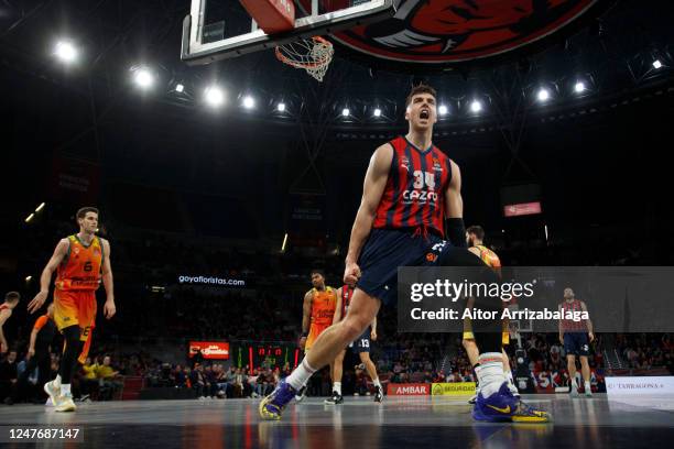 Daulton Hommes, #34 of Cazoo Baskonia Vitoria Gasteiz reacts during the 2022-23 Turkish Airlines EuroLeague Regular Season Round 26 game between...