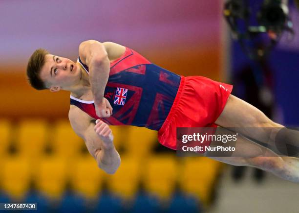 Luke Whitehouse of Great Britain competes during the men's Floor Exercise Final at the 15th FIG Artistic Gymnastics World Cup in Doha, Qatar, on 03...