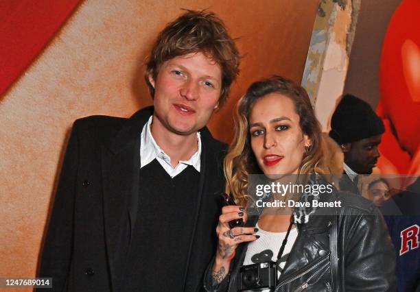 Count Nikolai Von Bismarck and Alice Dellal attend the Isamaya Lips collection launch on March 3, 2023 in Paris, France.