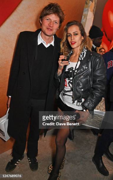 Count Nikolai Von Bismarck and Alice Dellal attend the Isamaya Lips collection launch on March 3, 2023 in Paris, France.