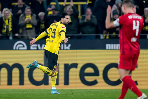 Emre Can of Borussia Dortmund is celebrating his goal during the Bundesliga match between Borussia Dortmund and RB Leipzig at Signal Iduna Park on...