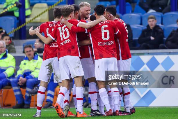 Jesper Karlsson of AZ Alkmaar, Sven Mijnans of AZ Alkmaar, Wouter Goes of AZ Alkmaar, Tijjani Reinders of AZ Alkmaar celebrates after scoring his...