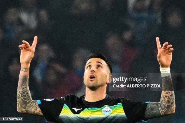 Lazio's Uruguayan midfielder Matias Vecino celebrates after opening the scoring during the Italian Serie A football match between Napoli and Lazio on...