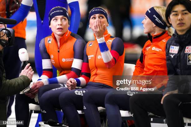 Joy Beune of Netherlands, Irene Schouten of Netherlands and Marijke Groenewoud of Netherlands reacts after competing on the Team Pursuit Women during...