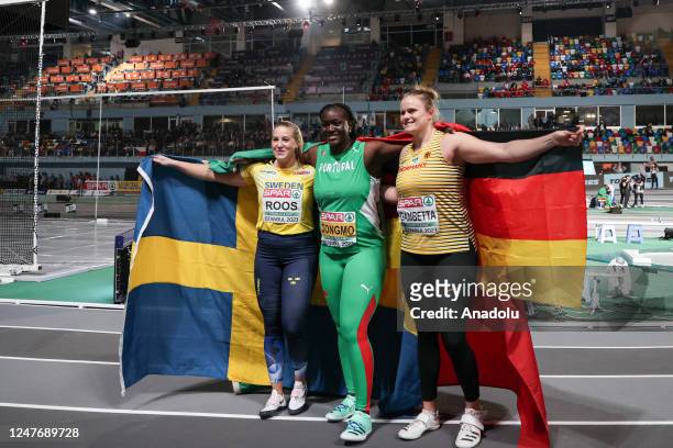 Auriol Dongmo of Portugal wins golden medal as Sara Gambetta of Germany wins silver and Swiss Fanny Roos wins bronze medal in women's shot put at the...