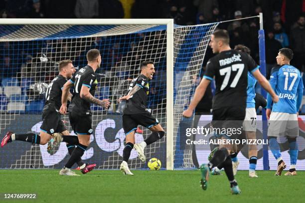 Lazio's Uruguayan midfielder Matias Vecino celebrates after opening the scoring during the Italian Serie A football match between Napoli and Lazio on...