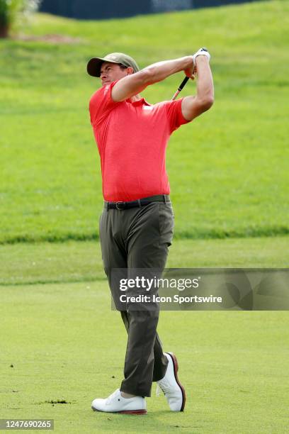 Golfer Adam Scott hits his second shot on the 18th hole during the second round of the Arnold Palmer Invitational on March 3, 2023 at Arnold Palmer's...