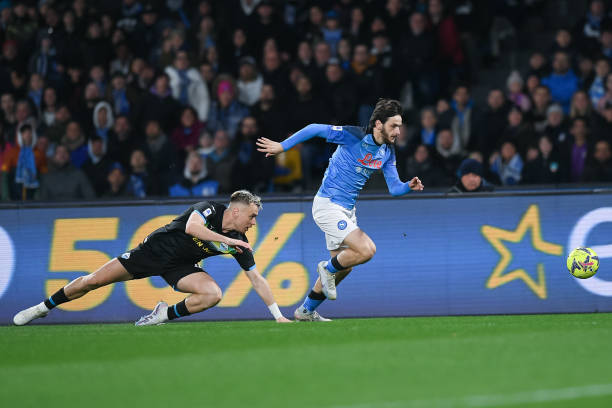 Khvicha Kvaratskhelia of SSC Napoli and Gil Patric of SS Lazio compete for the ball during the Serie A match between SSC Napoli and SS Lazio at...