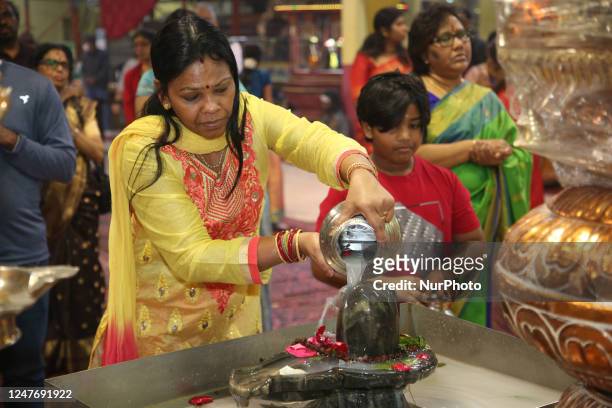 Tamil Hindu woman offers prayers by pouring milk mixed with holy water over a Shiva Lingam during the Maha Shivratri festival at a Tamil Hindu temple...