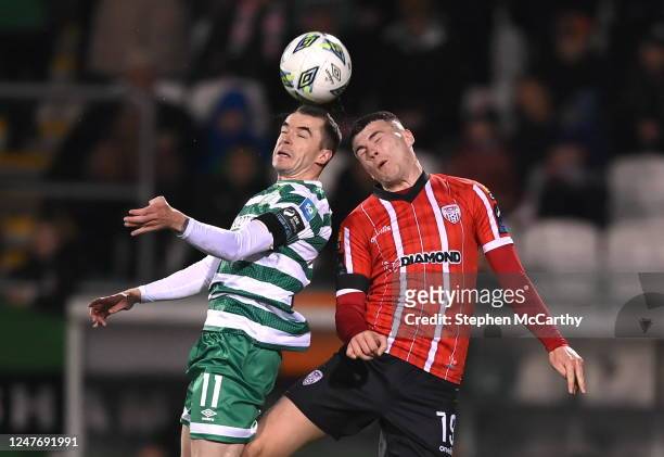 Dublin , Ireland - 3 March 2023; Sean Kavanagh of Shamrock Rovers in action against Ryan Graydon of Derry City during the SSE Airtricity Men's...