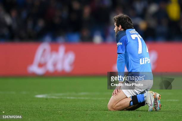 Khvicha Kvaratskhelia of SSC Napoli looks dejected at the end of the Serie A match between SSC Napoli and SS Lazio at Stadio Diego Armando Maradona...
