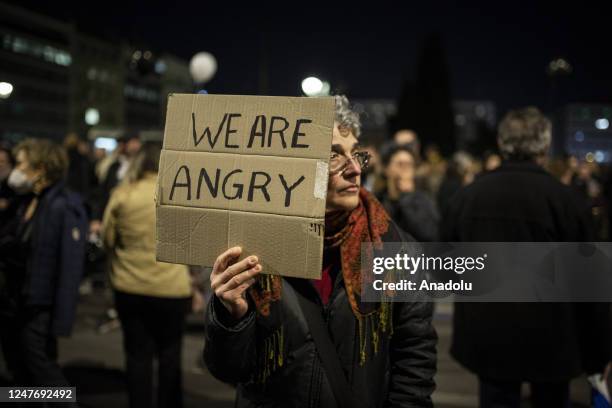 People stage a demonstration outside of the Greek Parliament in Athens, Greece on March 03, 2023. Citizens marched in Athens to protest for the...