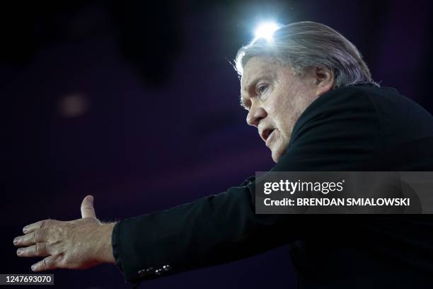 Former White House chief strategist, Steve Bannon, speaks during the 2023 Conservative Political Action Coalition Conference in National Harbor,...