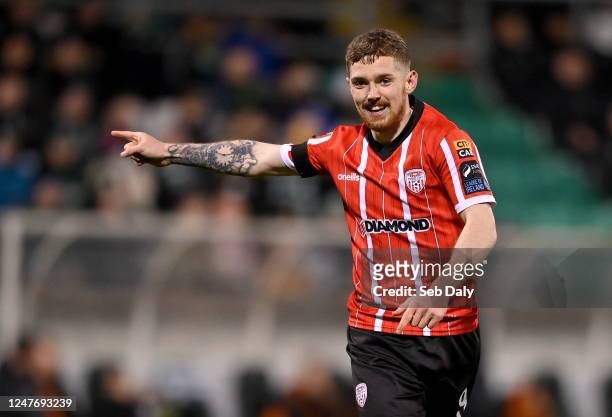 Dublin , Ireland - 3 March 2023; Jamie McGonigle of Derry City celebrates after scoring his side's second goal during the SSE Airtricity Men's...