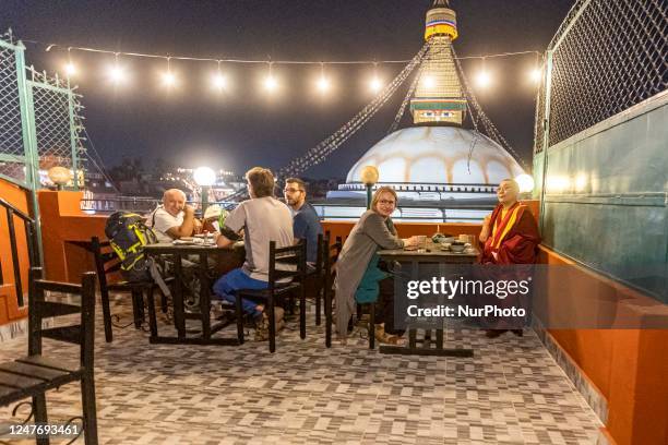 Panoramic night view of Boudhanath known also as Bouddha or Khasti Chaitya or Khasa Chaitya or even as the Great Stupa in Kathmandu, a UNESCO World...