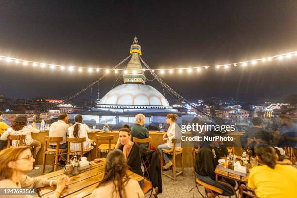 Panoramic night view of Boudhanath known also as Bouddha or Khasti Chaitya or Khasa Chaitya or even as the Great Stupa in Kathmandu, a UNESCO World...