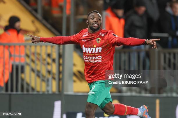 Oostende's Thierry Ambrose celebrates after scoring during a soccer... News Photo - Getty Images
