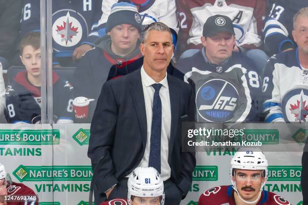 Head coach Jared Bednar of the Colorado Avalanche looks on from the bench during third period action against the Winnipeg Jets at Canada Life Centre...